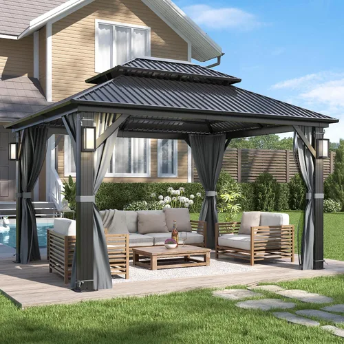 Vista 10 de GARTOO Gazebo de techo rígido para exteriores de 8 x 8 pies con techo doble Negro