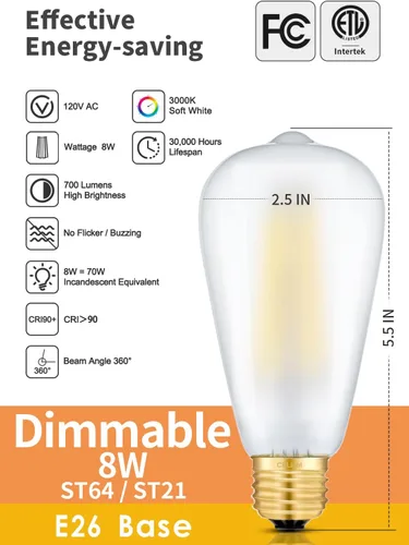 Vista 2 de Bombilla Edison LED regulable de 8 W ST64 E26, 3000 K, blanco suave