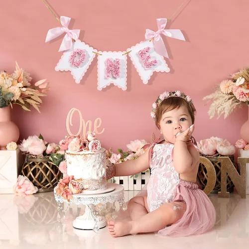 Vista 4 de Cartel de flor para silla alta de primer cumpleaños – Cartel de un cumpleaños rosa y dorado, decoración de princesa de primer cumpleaños, cartel