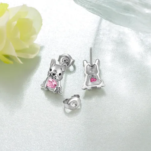 Vista 3 de Aretes de perro para mujer, plata de ley 925, diseño de bulldog francés, joyería de perro de animales, regalos para hija, nieta, niñas y mujeres