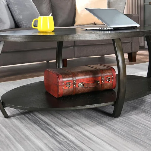 Vista 9 de KFZ2439DK - Mesa auxiliar ovalada con estante de almacenamiento, mesa de té de centro industrial con patas de metal, mesa de sofá lateral de granja