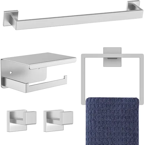 Vista 8 de Juego de Accesorios de Ferretería de Baño Negro y Dorado de 5 Piezas Juego de Barra de Toallas de Acero Inoxidable Juego de Soporte de Toallas Barra