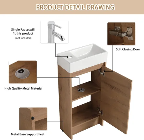 Vista 5 de Tocador de baño pequeño de 16 pulgadas con lavabo, tocador de baño independiente de 16" para espacios pequeños, gabinete de madera contrachapada
