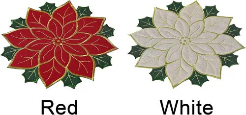Vista 6 de Juego de manteles individuales de Navidad de 16 pulgadas, manteles individuales de flor de pascua con bordados y hojas verdes, manteles individuales