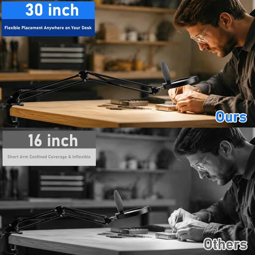 Vista 2 de Lupa grande de 10 veces con luz y soporte, lámpara de escritorio LED con abrazadera, 5 modos de color, 10 niveles regulables, manos libres para Negro