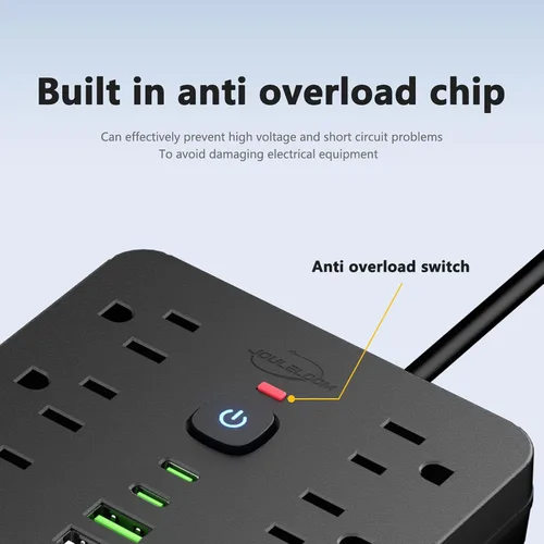 Vista 5 de JouleLoom Tira de alimentación con protector contra sobretensiones de enchufe plano de 6 pies, 11 tomas de corriente alterna con 6 puertos USB