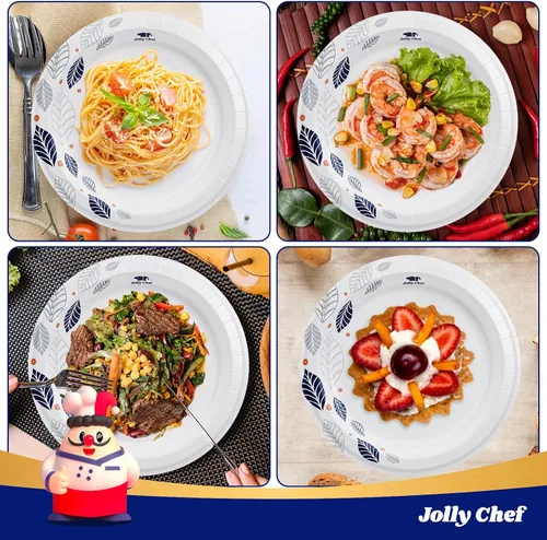 Vista 4 de JOLLY CHEF 140 platos de papel de 10 pulgadas, a prueba de remojo, a prueba de cortes, platos de papel desechables impresos de hojas resistentes