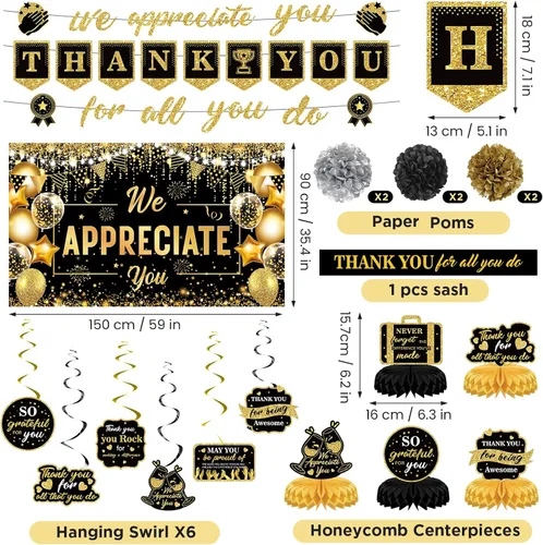 Vista 3 de Decoraciones de Fiesta We Appreciate You Negro Dorado Pancarta Thank You for All You Do Centros de Mesa de Panal Espirales Colgantes para Oficina
