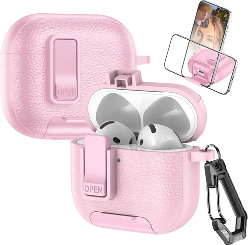 Vista 9 de Funda de cuero con clip de bloqueo para AirPods Pro 2ª/1ª con mosquetón, soporte de carga inalámbrica con soporte, cubierta de protección resistente