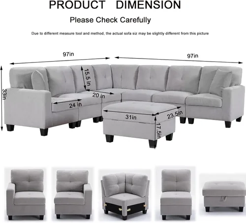 Vista 2 de Sofá modular convertible con otomana de almacenamiento, 7 plazas, en forma de L, moderno sofá esquinero de terciopelo para sala de estar