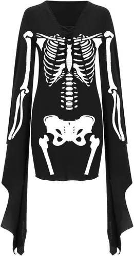 Vista 4 de BADHUB Vestido de Halloween para mujer vestido de cosplay de bruja morticia con cordones cuello en V manga de murciélago vestido ajustado hasta