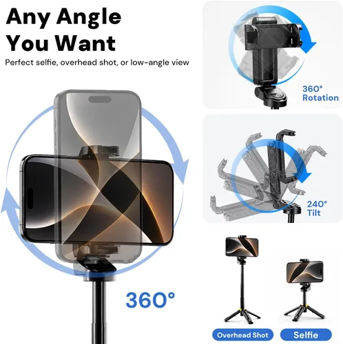 Vista 3 de Mini Selfie Stick Tripod, 4" Pocket-Sized Selfie Stick with Bluetooth Remote, 4-Leg Reinforced Stand, 360° Rotation, 3.8 oz Lightweight for