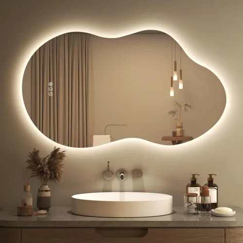 Vista 19 de SMIROR Espejo de Baño Retroiluminado Irregular con Luces 20 x 32, Espejo de Tocador con Luz LED Asimétrica en Forma de Nube para Pared