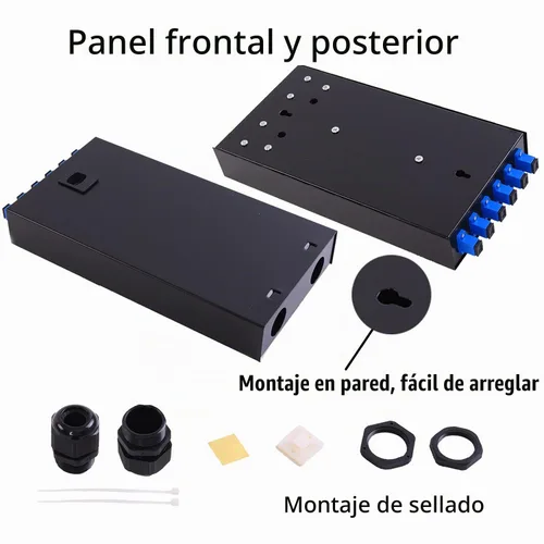 Vista 4 de Caja SC SM 6 puertos+Cables Montaje en pared Caja de fibra con módulo de empalme y cargado 6 puertos SC-UPC monomodo LGX Panel