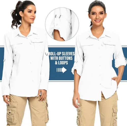 Vista 4 de Camisas de manga larga UPF 50 para mujer, protección solar UV, safari, secado rápido, pesca, senderismo, viajes