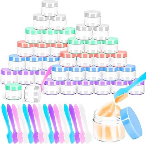 Vista 17 de Paquete de 50 de 10 g pequeños contenedores de cosméticos de plástico con tapas, frascos de maquillaje de 10 gramos de color ámbar con espátulas
