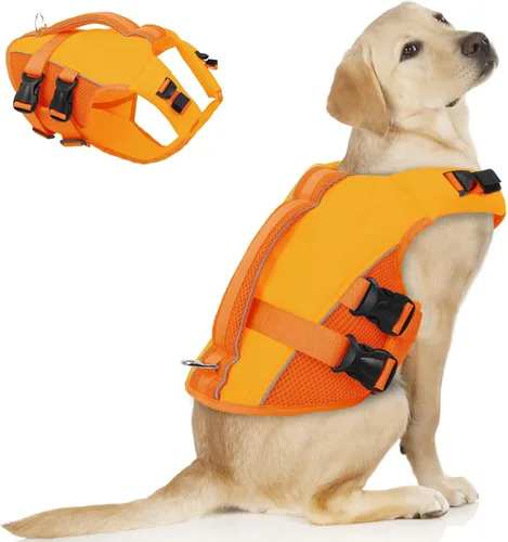 Vista 18 de ASENKU Chaleco salvavidas para perros, chaleco de natación para perros de alta flotación con asas de rescate para perros pequeños, medianos