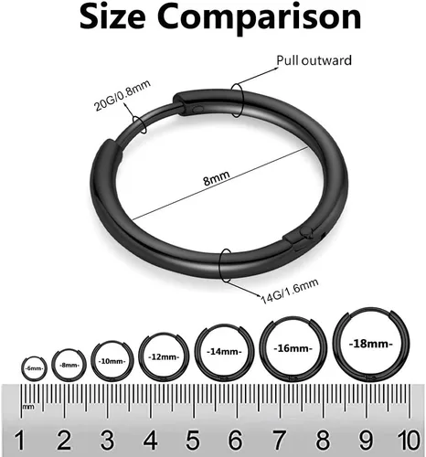 Vista 4 de Aretes de aro Huggie para mujeres y hombres, acero inoxidable quirúrgico 316L, 0.236 in, 0.315 in, 0.394 in, para hombre, aretes de aro