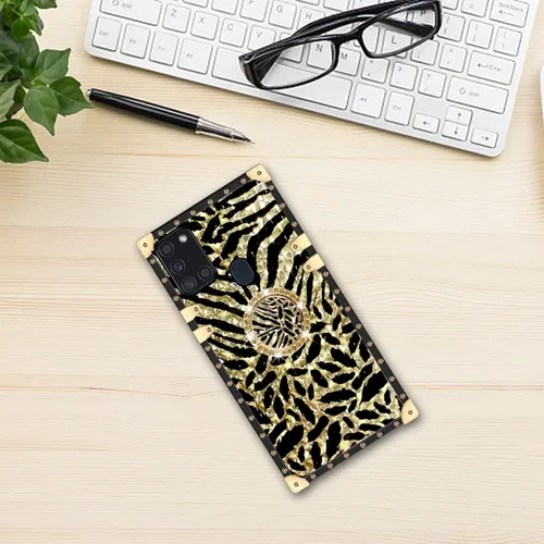 Vista 8 de Funda para teléfono Samsung Galaxy A21S con soporte de anillo, diseño retro elegante de lujo, estampado de leopardo, guepardo, dorado, protección
