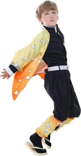 Vista 5 de Disfraz de cosplay amarillo, conjunto completo de kimono de anime, traje negro, conjunto completo de Halloween para niños, adultos, hombres y niños