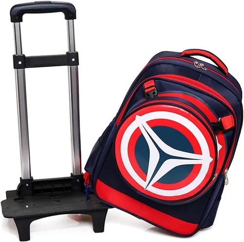 Vista 4 de Mochila escolar ligera para niños y niñas, escudo de superhéroe desmontable dos en uno, mochila rodante con seis ruedas, Azul Marino, misma
