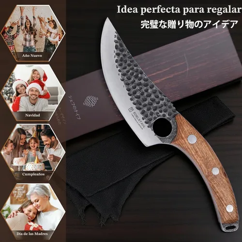 Vista 6 de cuchillo de chef de cocina para deshuesar, cortar y cortar, cuchillo de carnicero forjado a mano, cuchillo japonés de acero inoxidable para cocinar