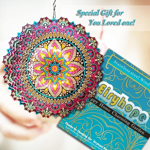 Vista 7 de Mandala Blossom Wind Spinner - Molinillos de Viento de Metal Escultura de Viento Colgante Cinética 3D de 12 pulgadas Cortada con Láser