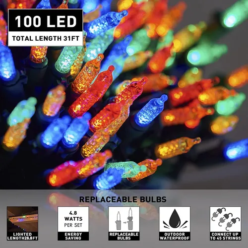 Vista 3 de PABIPABI Guirnalda de luces de Navidad de 31 pies, 100 LT, mini luces LED multicolor, enchufable, decoración del hogar para árbol de Navidad