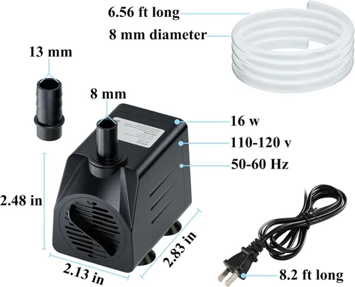 Vista 2 de alizzy Bomba de agua sumergible pequeña de 210 GPH (800 L/H, 16 W), bomba de fuente de agua ultra silenciosa con tubo para fuente, acuario, pecera