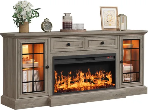 Vista 9 de Soporte de TV con chimenea de hasta 80" TVs, centro de entretenimiento moderno de 70" con chimenea eléctrica de 36" y luces LED, consola multimedia
