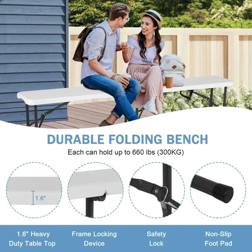 Vista 4 de Bancos plegables de plástico de 6 pies, paquete de 2, banco portátil para exteriores con asa y cerradura para picnic, camping, comedor, fútbol