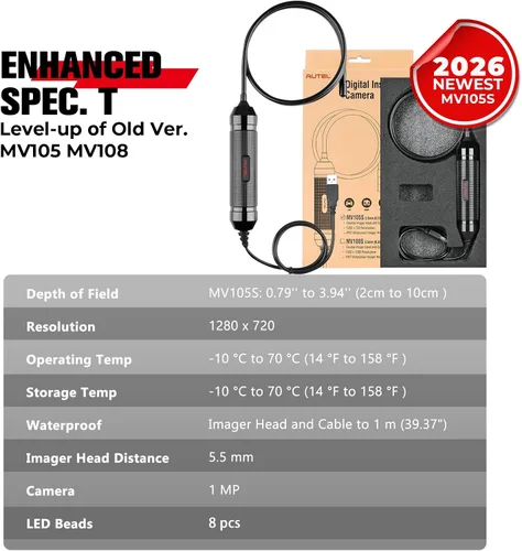 Vista 5 de Autel Cámara de inspección MV105S, sonda ultrafina de 0.2 in, boroscopio gran angular de 90°, cámara endoscopio USB impermeable IP67 con luces LED