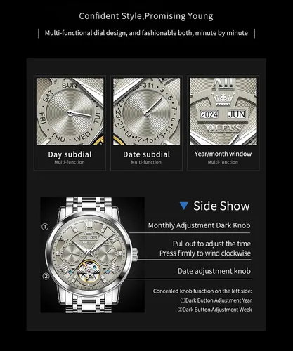 Vista 29 de OLEVS Relojes automáticos para hombre, oro de lujo, vestido de diamantes de cuerda automática, esqueleto mecánico, Tourbillon, reloj de pulsera