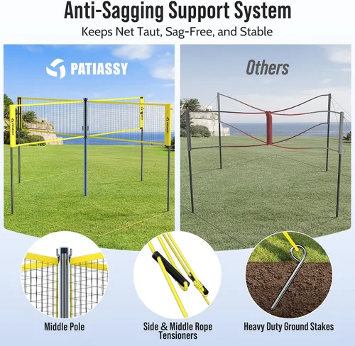 Vista 2 de 4 Square Volleyball Game Set, 4 Way Net System with 16FT & 32FT Court, Adjustable Height Backyard Badminton Combo, Portable Outdoor Kit with Ball