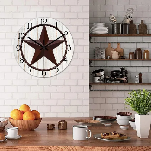 Vista 4 de Reloj de pared con diseño de país occidental de Texas, reloj de madera sin tictac, silencioso, funciona con pilas, con números grandes, reloj
