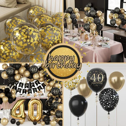 Vista 2 de Decoraciones de 40 cumpleaños para hombres y mujeres, globos de cumpleaños de 40 años negros y dorados para fiesta con pancarta de feliz 40