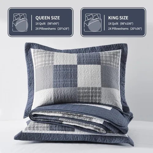 Vista 6 de KALOOLA Colchas de granja tamaño Queen – Juego de ropa de cama acolchado ligero 100% algodón, 3 piezas, colcha a cuadros estampada con 2 fundas
