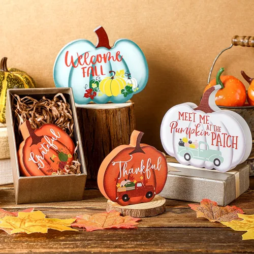 Vista 7 de Jetec 4 piezas de decoración de otoño para decoración de Acción de Gracias, letreros de calabaza de madera rústica para decoración de bandejas
