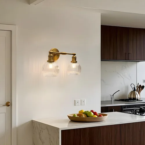 Vista 8 de Aplique industrial de pared de vidrio de doble brazo con pantalla de globo a rayas transparentes, lámpara de tocador de pared de 2 luces