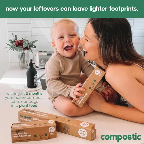 Vista 4 de Compostic Bolsas compostables de galón (60 unidades) Paquete de iniciación – Sellado con cremallera resellable, a base de plantas, compostables