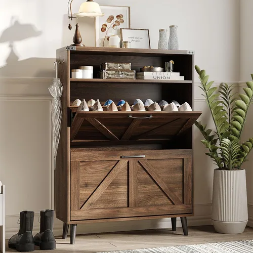 Vista 11 de Halitaa - Gabinete para zapatos con 2 cajones abatibles y almacenamiento abierto, gabinete de almacenamiento de zapatos estilo granja para entrada