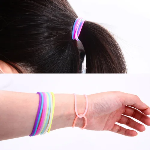 Vista 6 de 120 pulseras de gelatina de silicona brillantes de neón de los años 80, bandas elásticas para el cabello para adultos, mujeres, niños, niñas