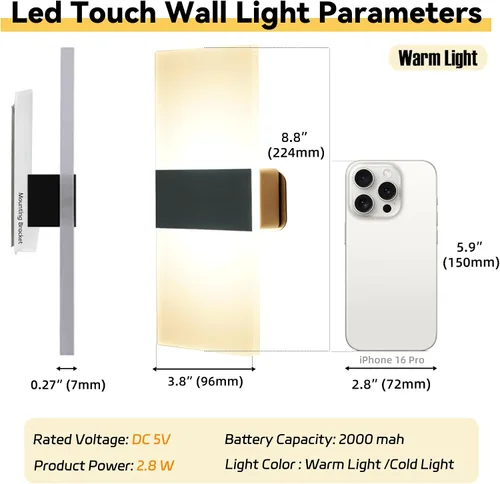 Vista 4 de Apliques de pared con pilas, juego de dos lámparas de pared LED de acrílico para mesita de noche para sala de estar, dormitorio, pasillo, luz