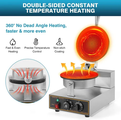 Vista 3 de IRONWALLS Máquina comercial para hacer gofres, 110 V, 1200 W, de acero inoxidable, eléctrica, para hacer gofres con bandeja de horno antiadherente