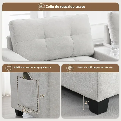 Vista 6 de Sofá modular de 103 pulgadas con 2 consolas acrílicas, juego de sofá en forma de U de gran tamaño con cargador USB, cajones de almacenamiento Beige