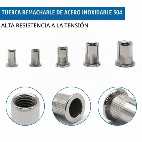 Vista 4 de Kit surtido de tuercas de remache de acero inoxidable de 50 piezas, tuercas de remache de acero inoxidable 1/4"-20 Plateado