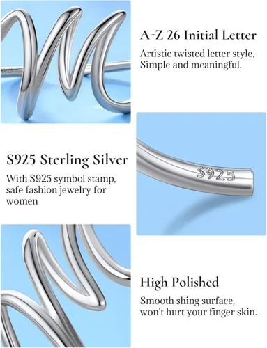 Vista 4 de SILVERCUTE Anillos con iniciales S925, tamaño ajustable 6-12, letra del alfabeto A-Z, joyería personalizada con iniciales trenzadas, anillos
