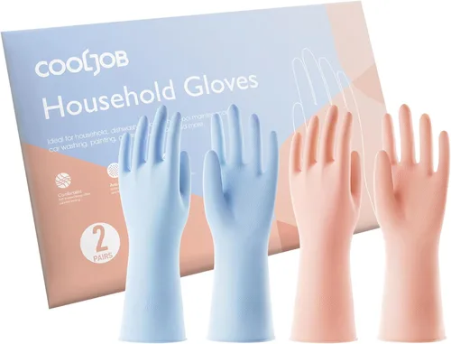 Vista 9 de COOLJOB 3 pares de guantes coloridos para el hogar con forro de algodón y agarre antideslizante, resistentes al agua, guantes de goma reutilizables