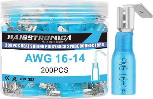 Vista 15 de haisstronica 200 conectores de pala hembra termorretráctiles azules, AWG 16-14, kit de terminlas de pala hembra termorretráctil, conectores