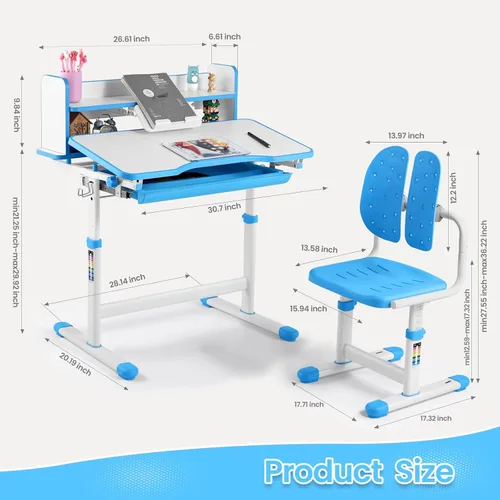 Vista 2 de Artist hand Kids Desk and Chair Set, Height Adjustable Desk with 0-40° Tilting Desktop, 2-Tier Bookshelf, Tablet Stand, Drawer, Hook and Ergonomic